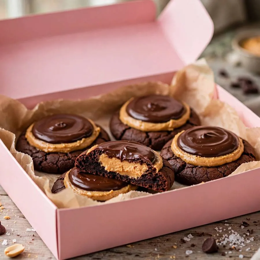 Buckeye brownie cookie presented in a pink Crumbl bakery box