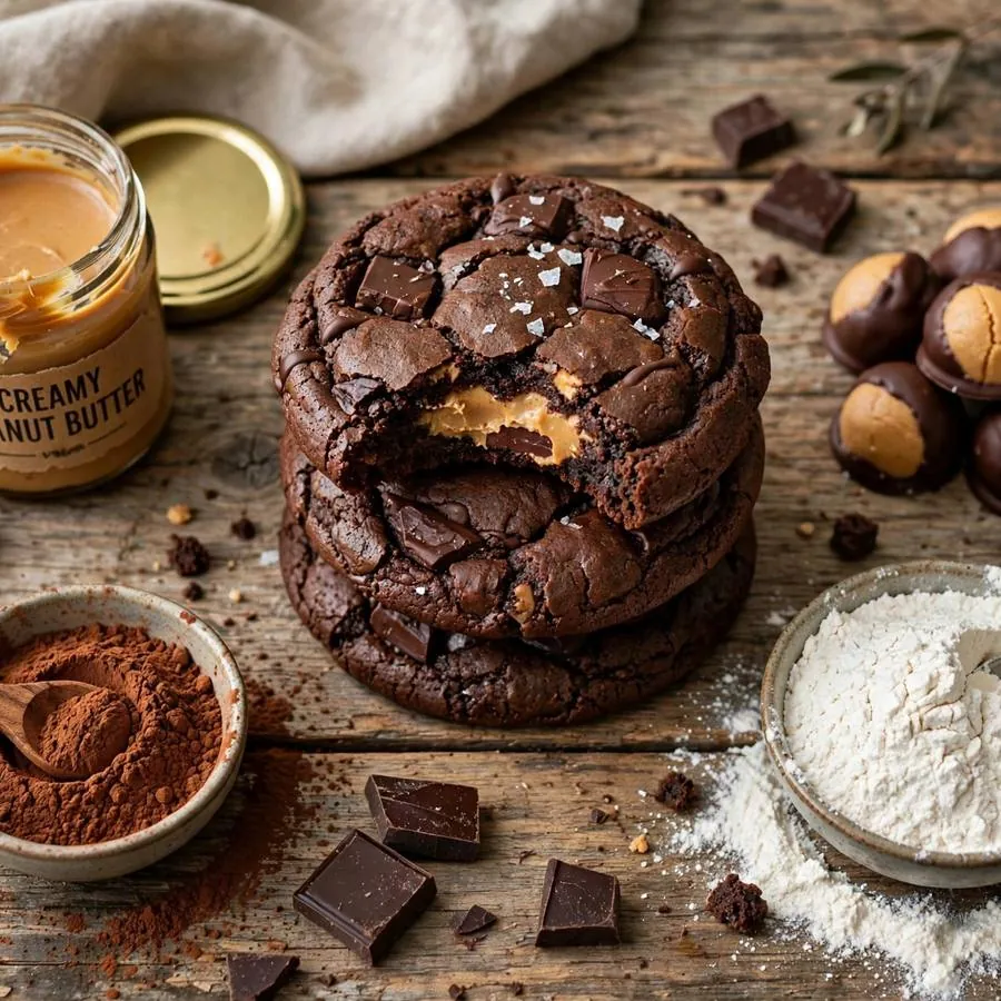 Buckeye brownie cookie with dark chocolate, peanut butter and buckeye candies on a wooden table