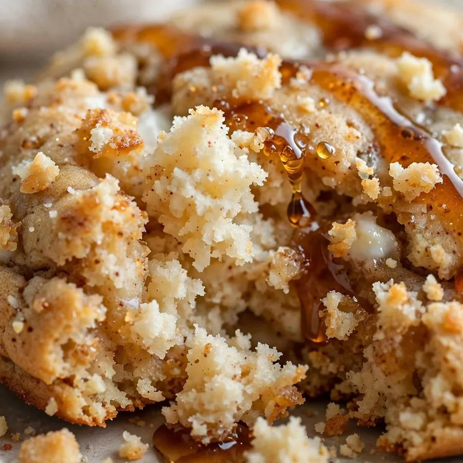 Extreme close-up of the Buttermilk Pancake Crumbl Cookie showing maple syrup drizzle and fluffy pancake-like texture detail