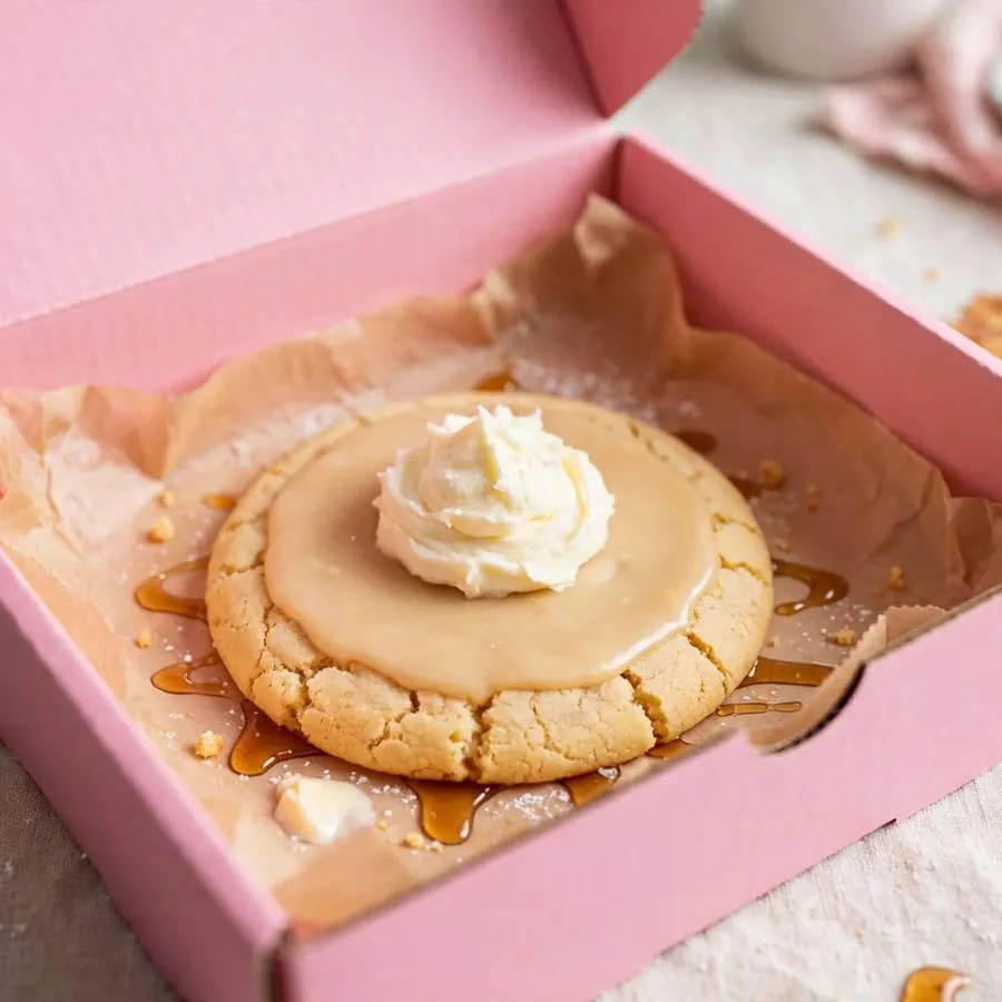 Buttermilk Pancake Crumbl Cookie served in a pink bakery box