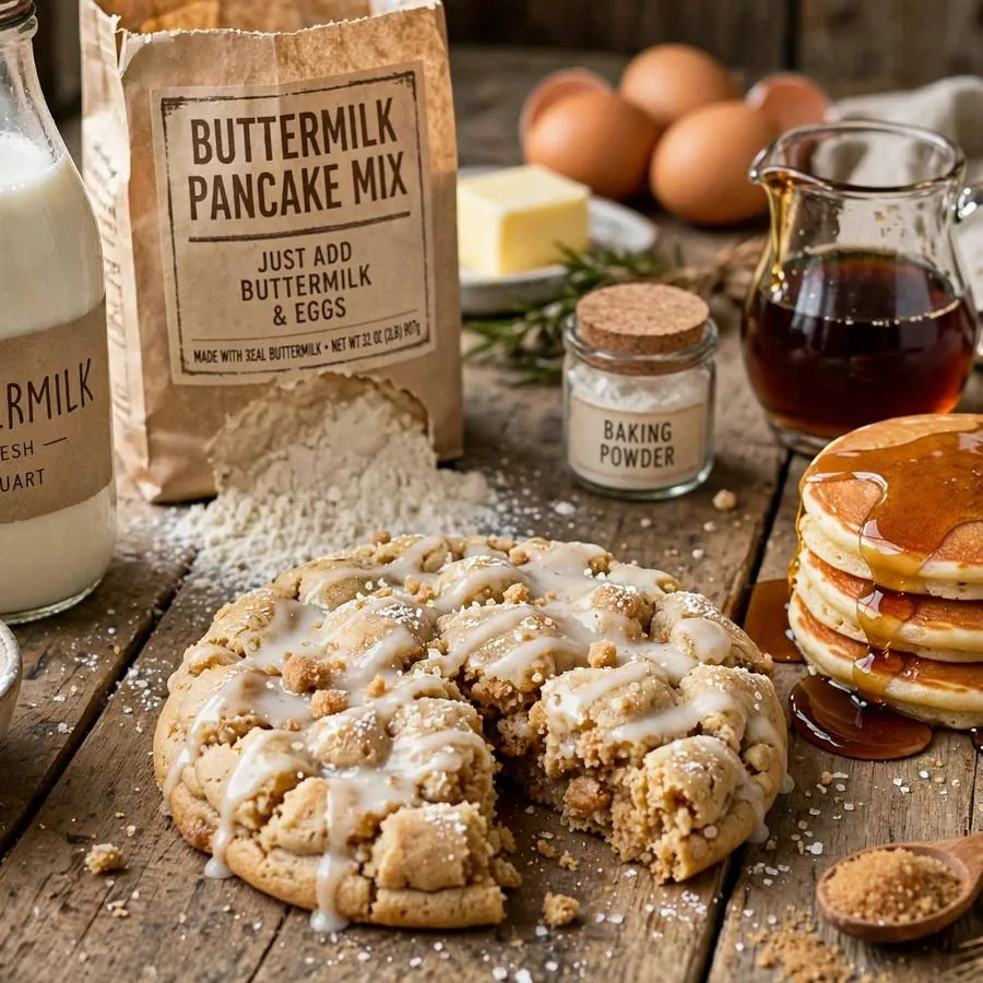 Buttermilk Pancake Crumbl Cookie with maple syrup, buttermilk and pancake mix arranged on a rustic wooden table
