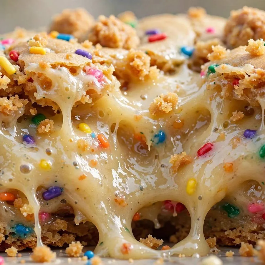 Rainbow sprinkles scattered over a gooey cake batter blondie