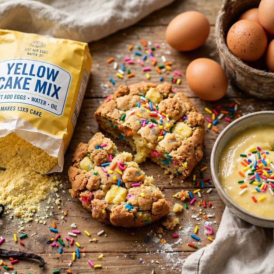 Cake Batter Blondie cookie with cake mix, sprinkles and eggs on a wooden table