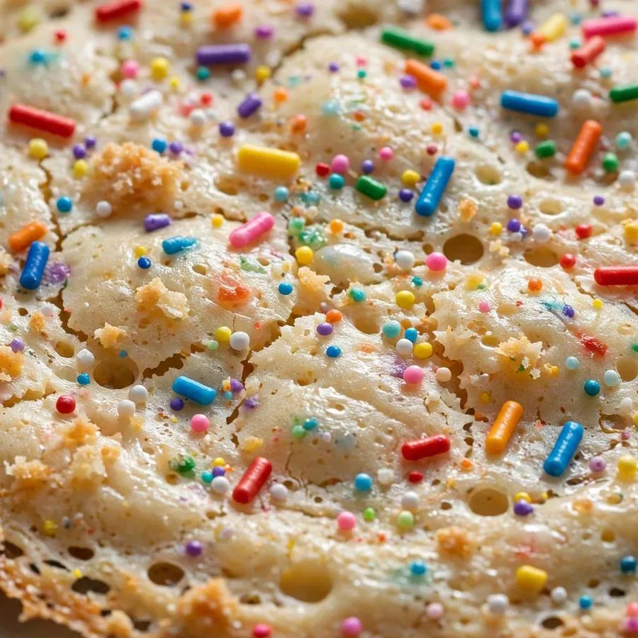 Extreme close-up of rainbow sprinkles baked into a cake batter cookie thin