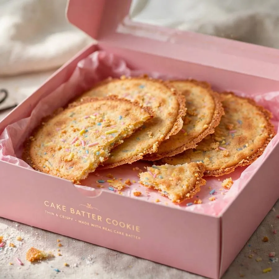 Cake batter cookie thins served in a pink bakery box
