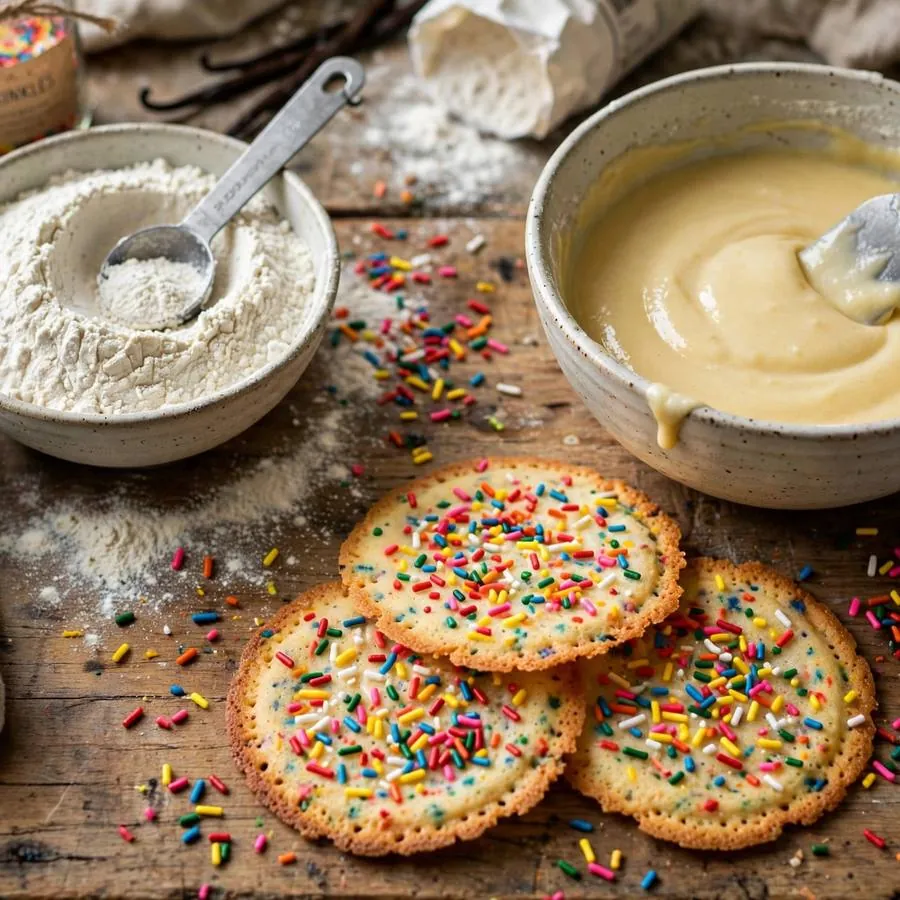 Cake batter cookie thins beside rainbow sprinkles, a bowl of cake batter and flour on a wooden table