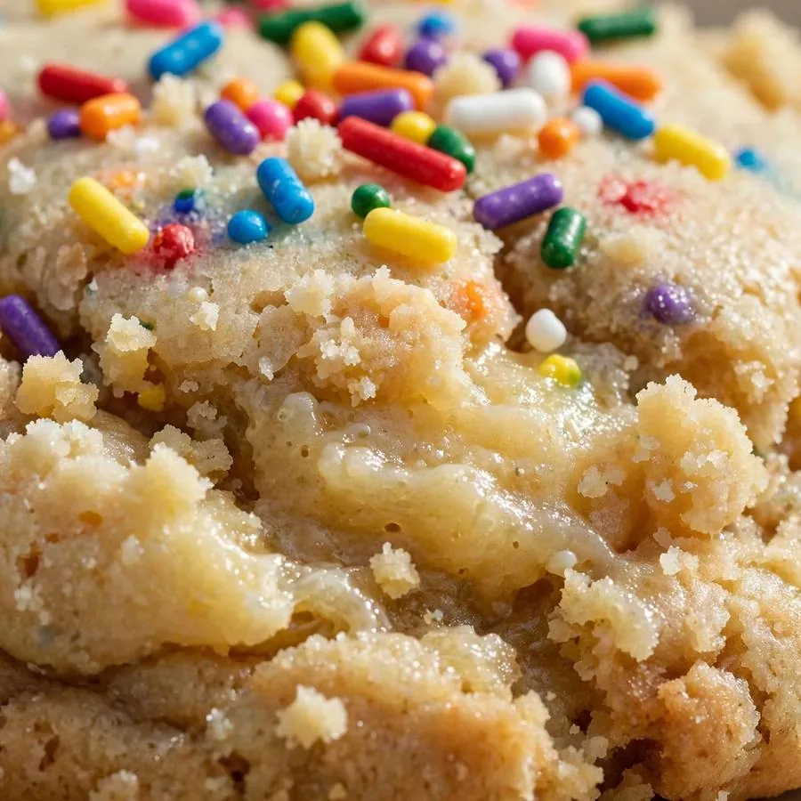 Rainbow sprinkle topping on Cake Batter Crumbl Cookie