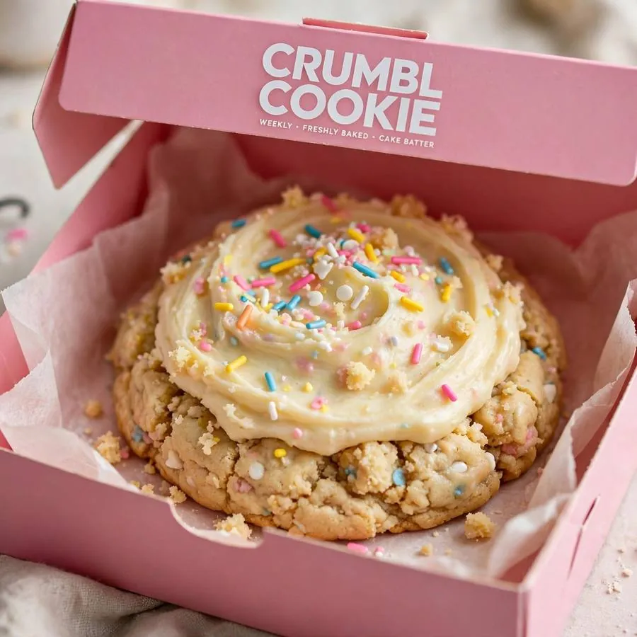 Cake Batter Crumbl Cookie in a pink bakery box