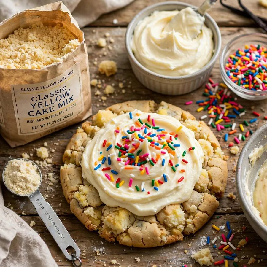 Cake Batter Crumbl Cookie with cake mix, rainbow sprinkles and vanilla frosting