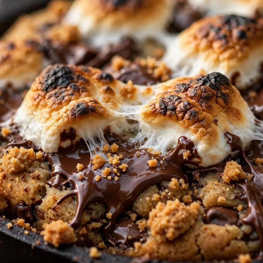 Golden toasted marshmallows and melted chocolate on the campfire skillet cookie