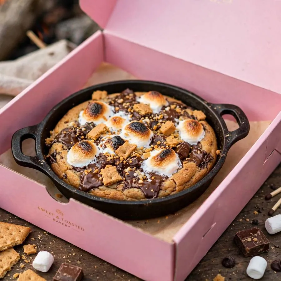 Campfire skillet cookie in a mini cast iron skillet inside a pink Crumbl bakery box