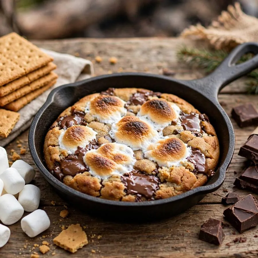 Campfire skillet cookie with marshmallows, graham crackers and chocolate on a wooden table