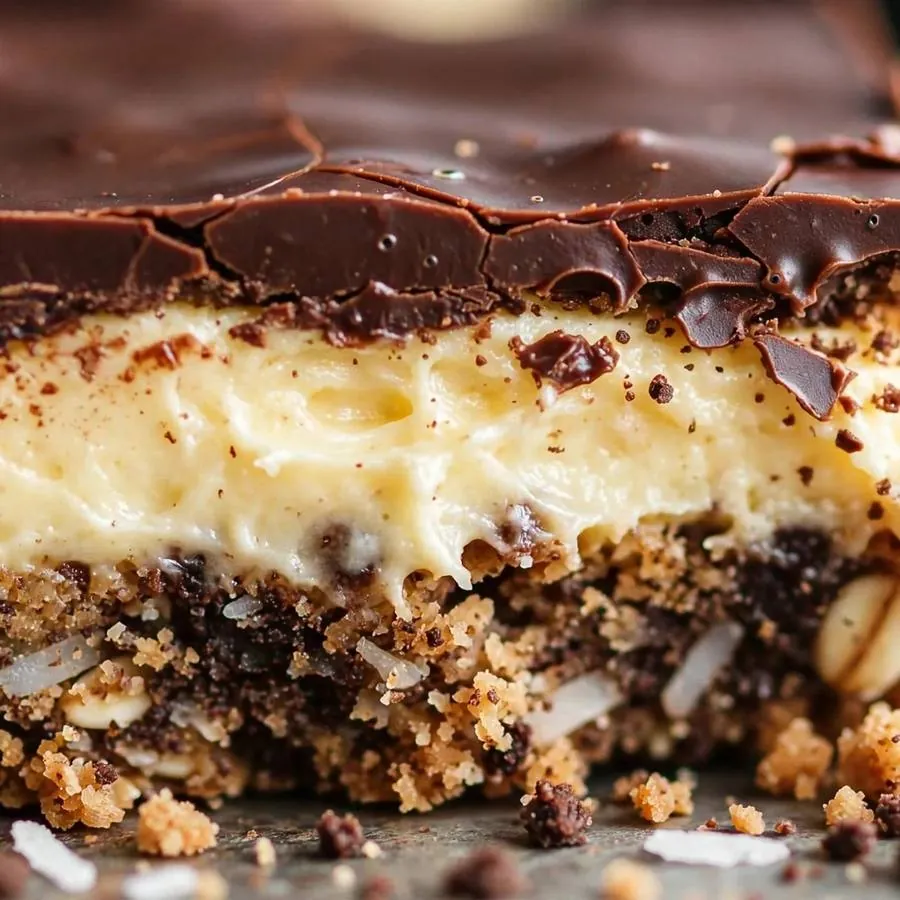 Extreme close-up of the Canadian Nanaimo Bar Crumbl Cookie showing chocolate ganache top and custard cream layer detail