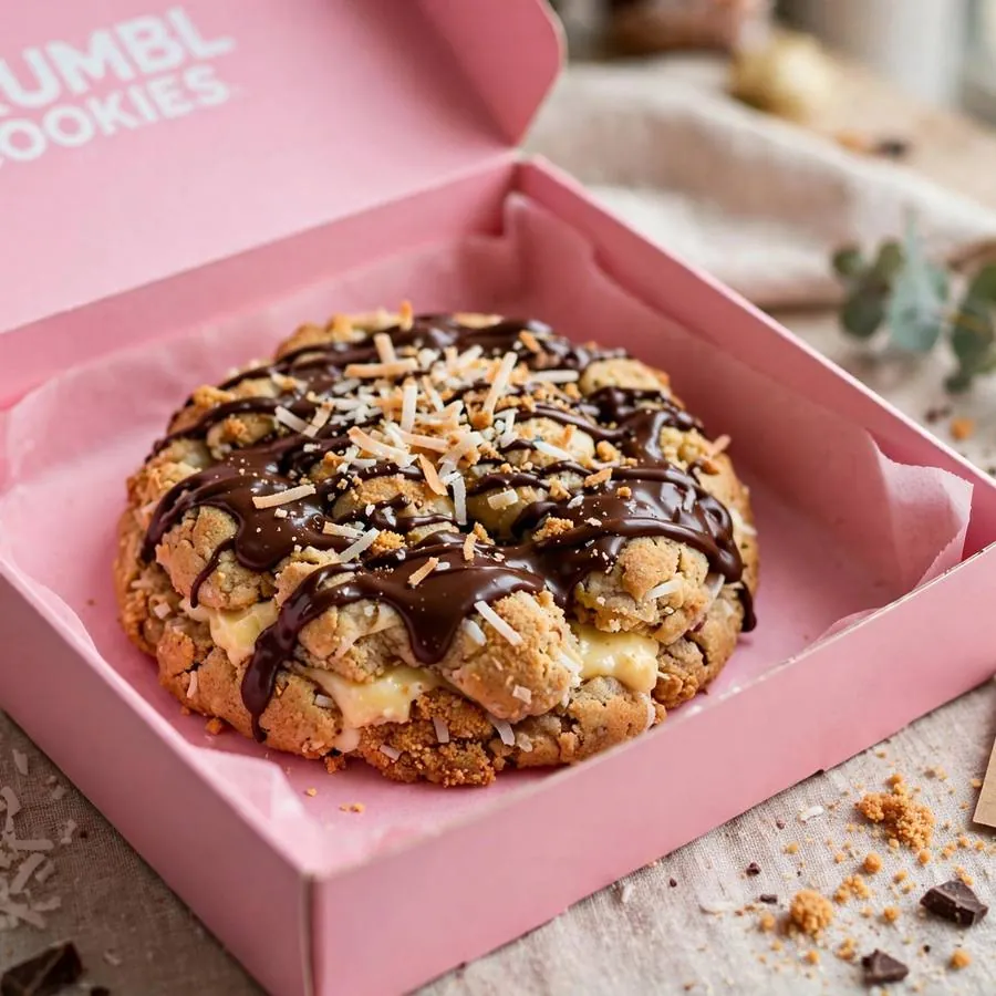 Canadian Nanaimo Bar Crumbl Cookie served in a pink bakery box