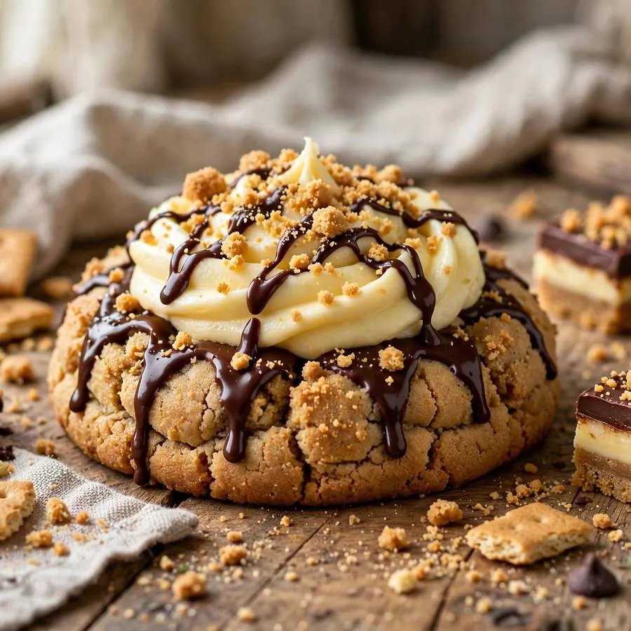 Canadian Nanaimo Bar Crumbl Cookie with chocolate, custard cream and graham crumbs arranged on a rustic wooden table
