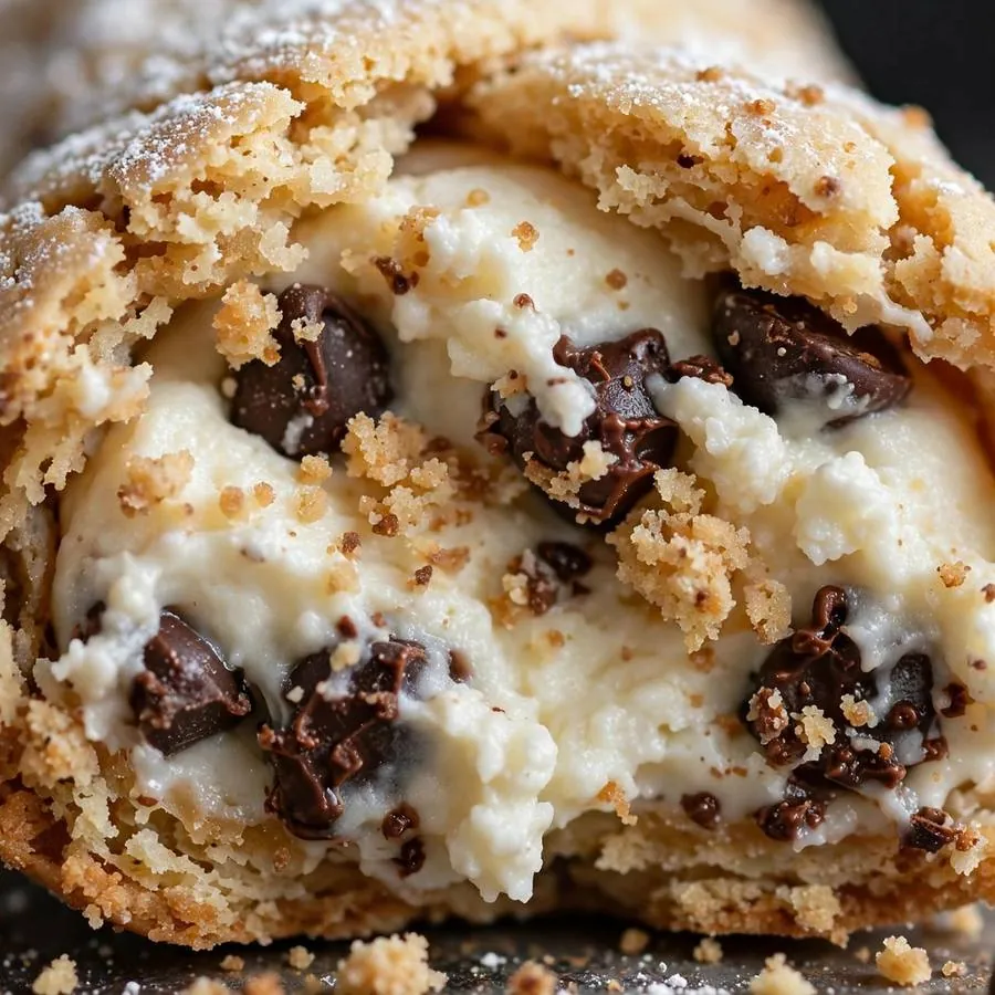 Sweet ricotta cream filling with mini chocolate chips on a cannoli cookie