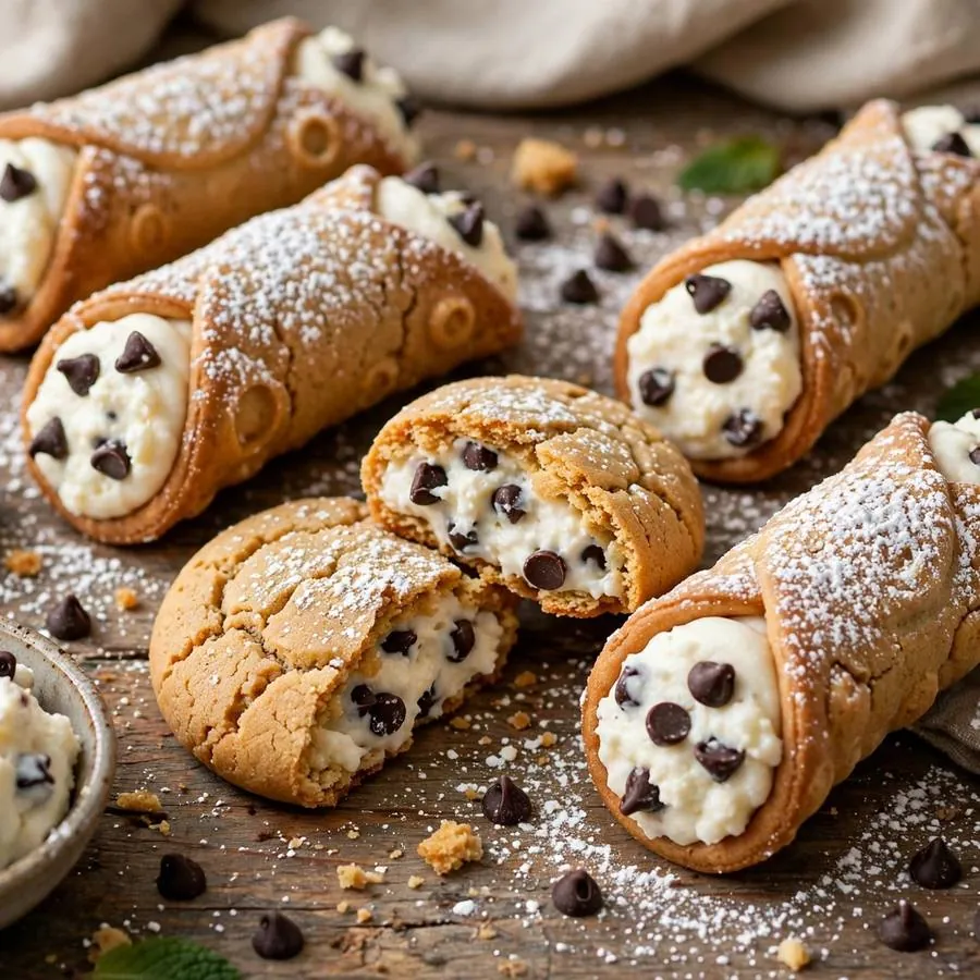 Cannoli cookie with ricotta cheese, chocolate chips and powdered sugar on a wooden table