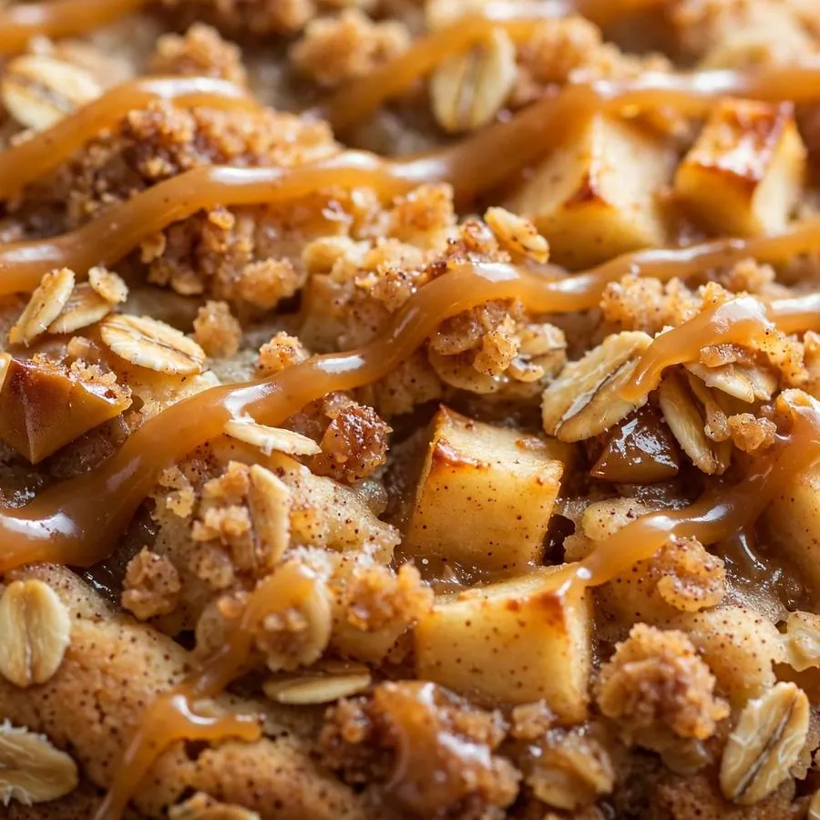 Extreme close-up of caramel drizzle over apple chunks and oat crisp topping Extreme close-up of caramel drizzle over apple chunks and oat crisp topping