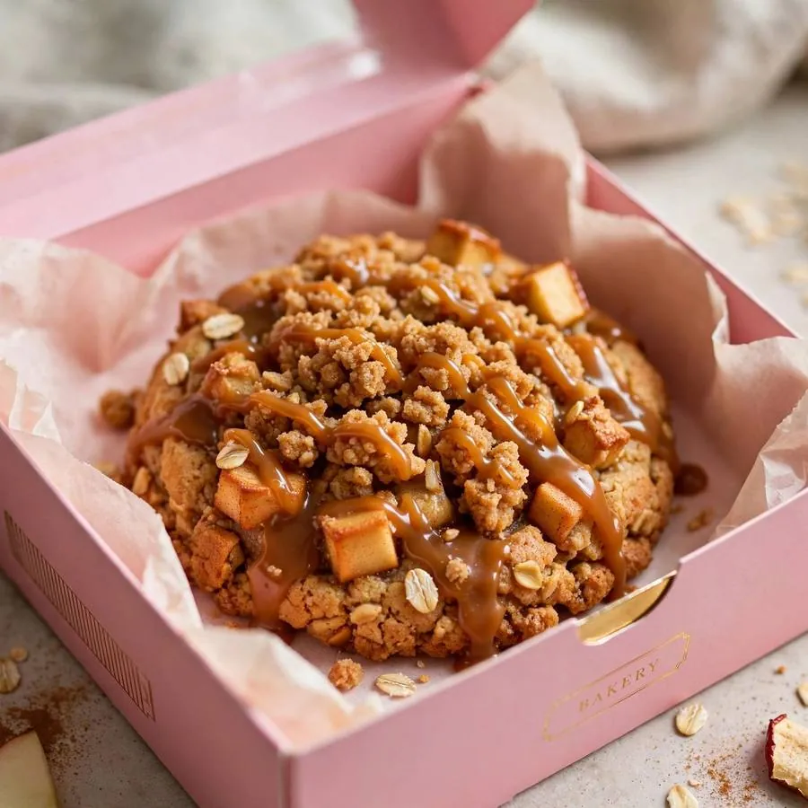 Caramel apple crisp cookie served in a pink bakery box Caramel apple crisp cookie served in a pink bakery box