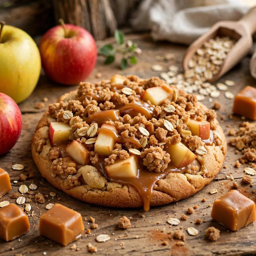 Caramel apple crisp cookie beside fresh apples, caramel candies and oats on a wooden table Caramel apple crisp cookie beside fresh apples, caramel candies and oats on a wooden table
