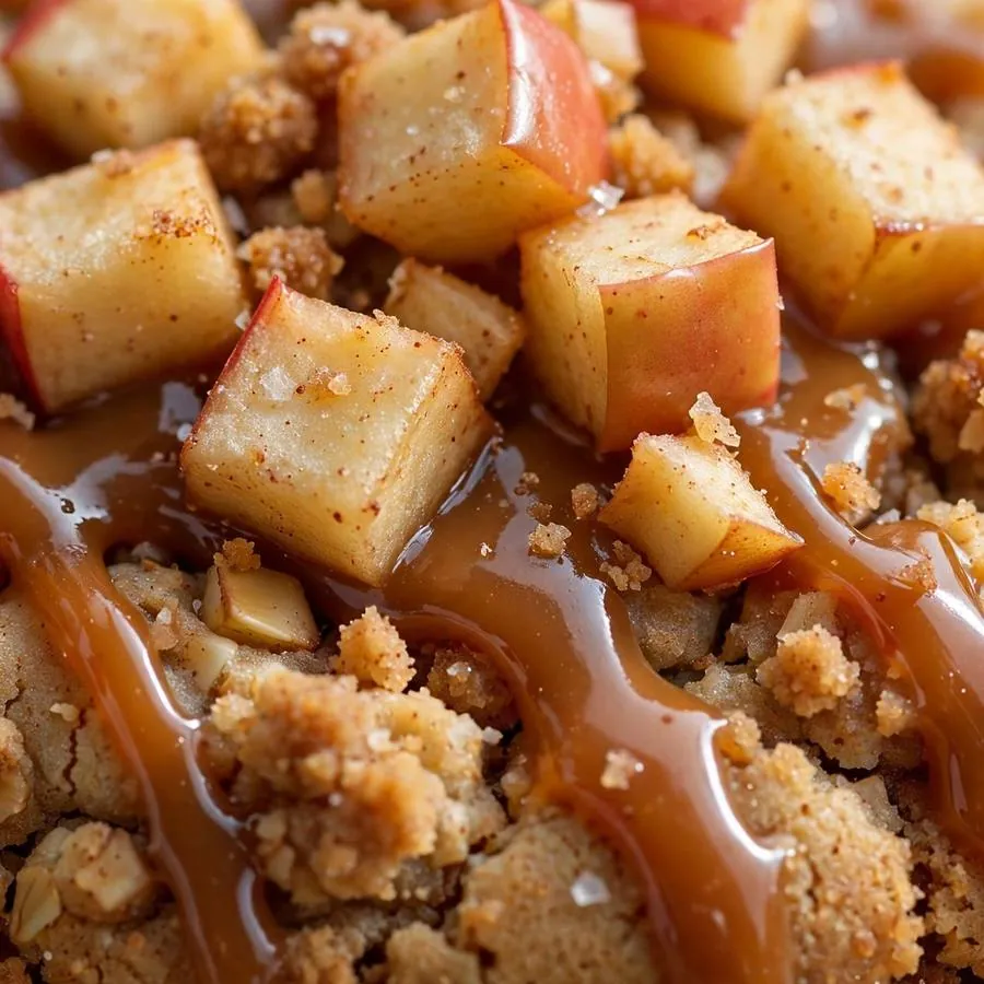 Caramel drizzle and apple chunks on Caramel Apple Crumbl Cookie
