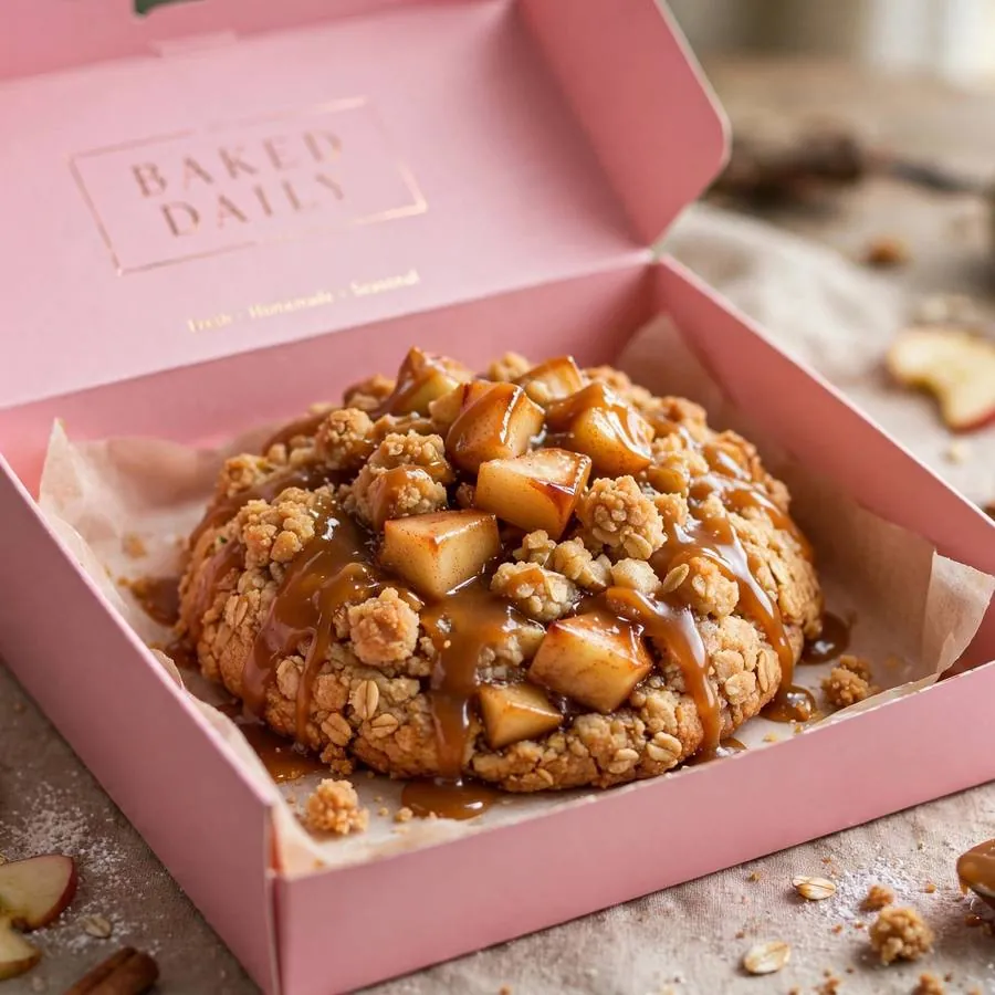 Caramel Apple Crumbl Cookie in a pink bakery box