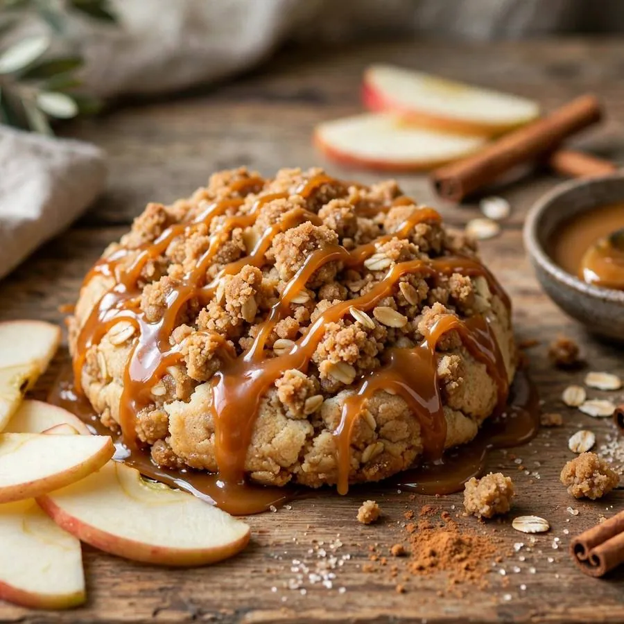 Caramel Apple Crumbl Cookie with caramel sauce, sliced apples and cinnamon