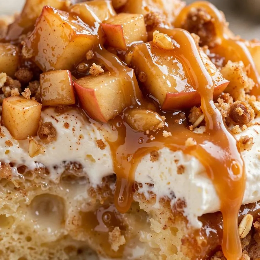 Caramel drizzle and apple topping on Caramel Apple Tres Leches Crumbl Cake