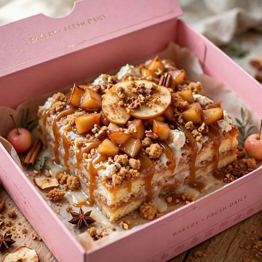 Caramel Apple Tres Leches Crumbl Cake in a pink bakery box