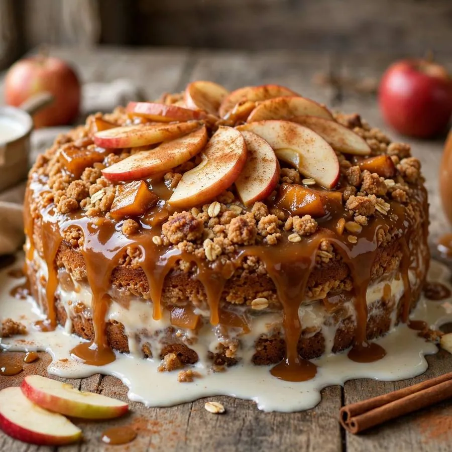 Caramel Apple Tres Leches Crumbl Cake with caramel sauce, sliced apples and cinnamon sticks