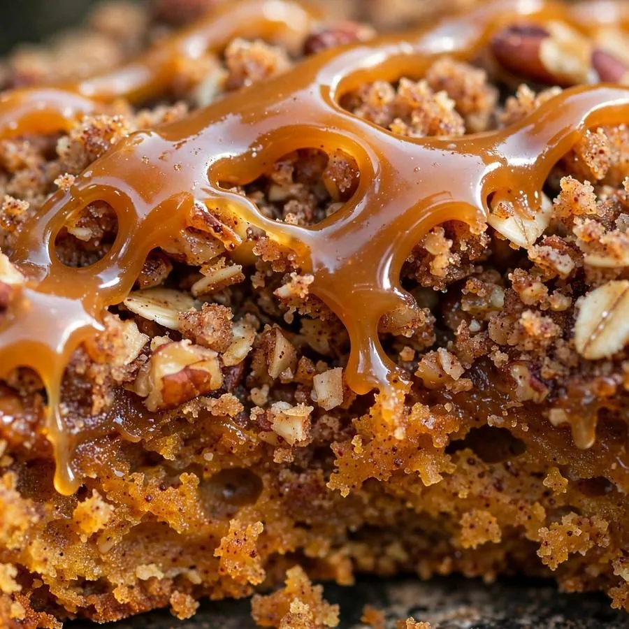 Glossy caramel drizzle and spiced streusel on the pumpkin cake cookie