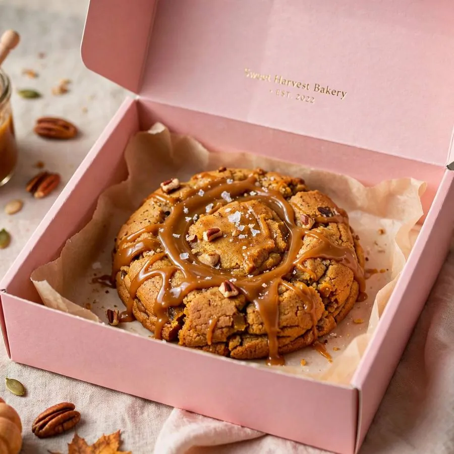 Caramel pumpkin cake cookie presented in a pink Crumbl bakery box