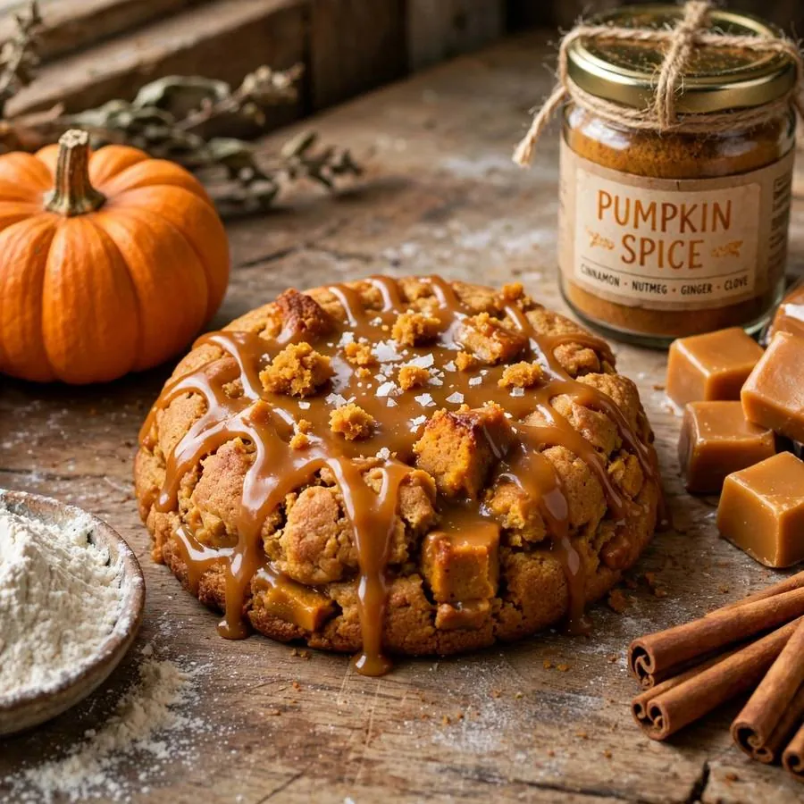 Caramel pumpkin cake cookie with mini pumpkin, caramels and cinnamon on a wooden table