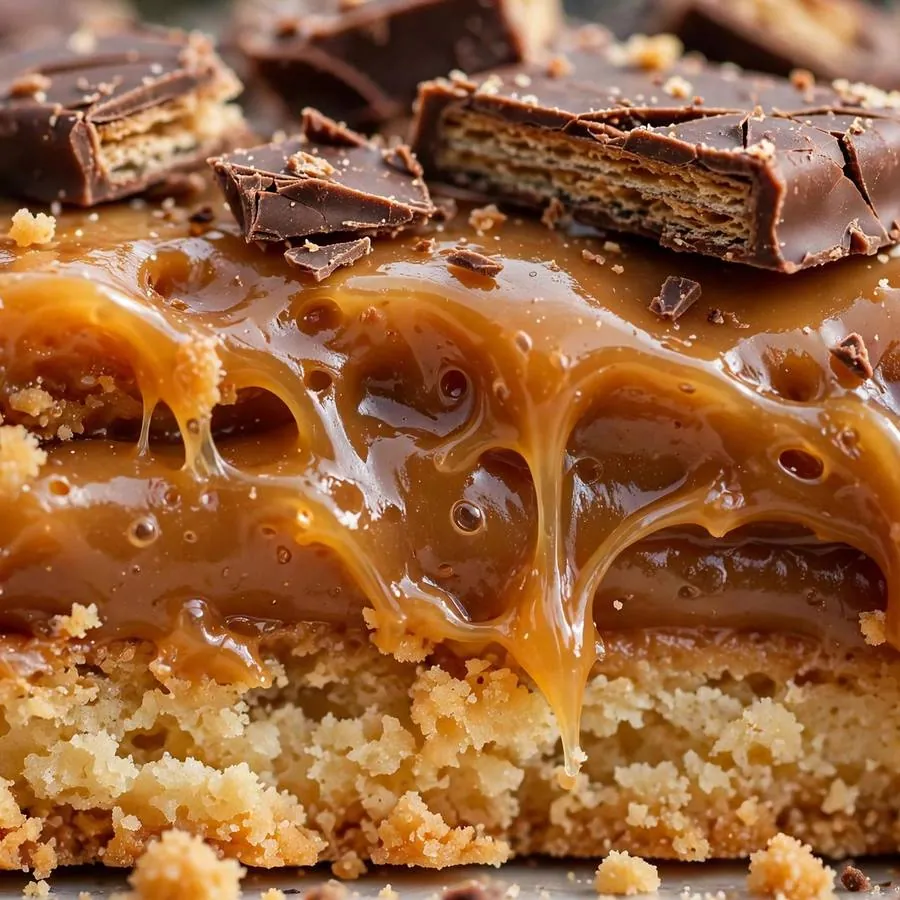 Gooey caramel layer and chocolate wafer pieces on the shortbread cookie