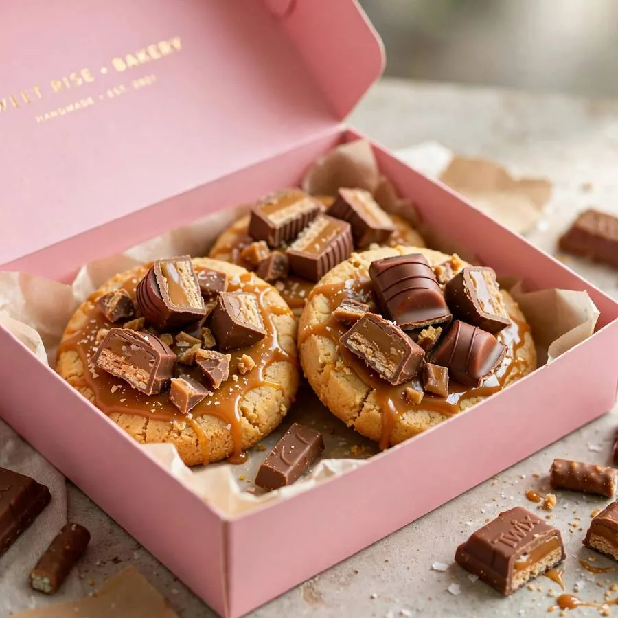 Caramel shortbread cookie with Twix candy pieces in a pink Crumbl bakery box