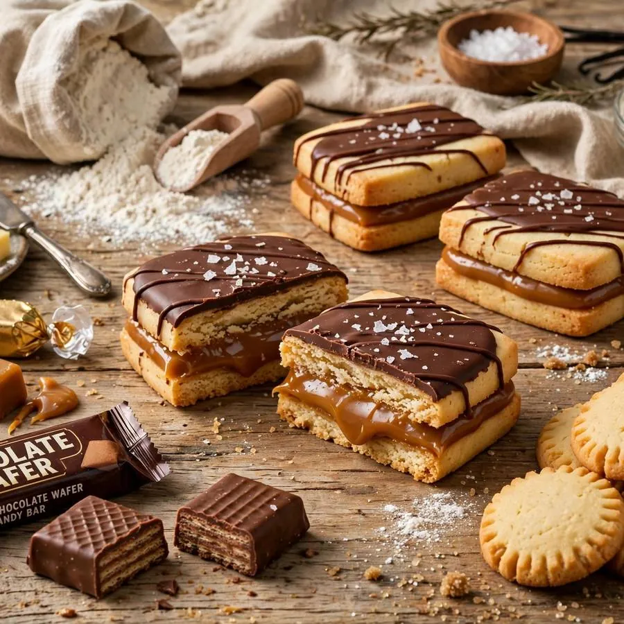 Caramel shortbread cookie with caramel candies, wafer candy bars and shortbread on a wooden table
