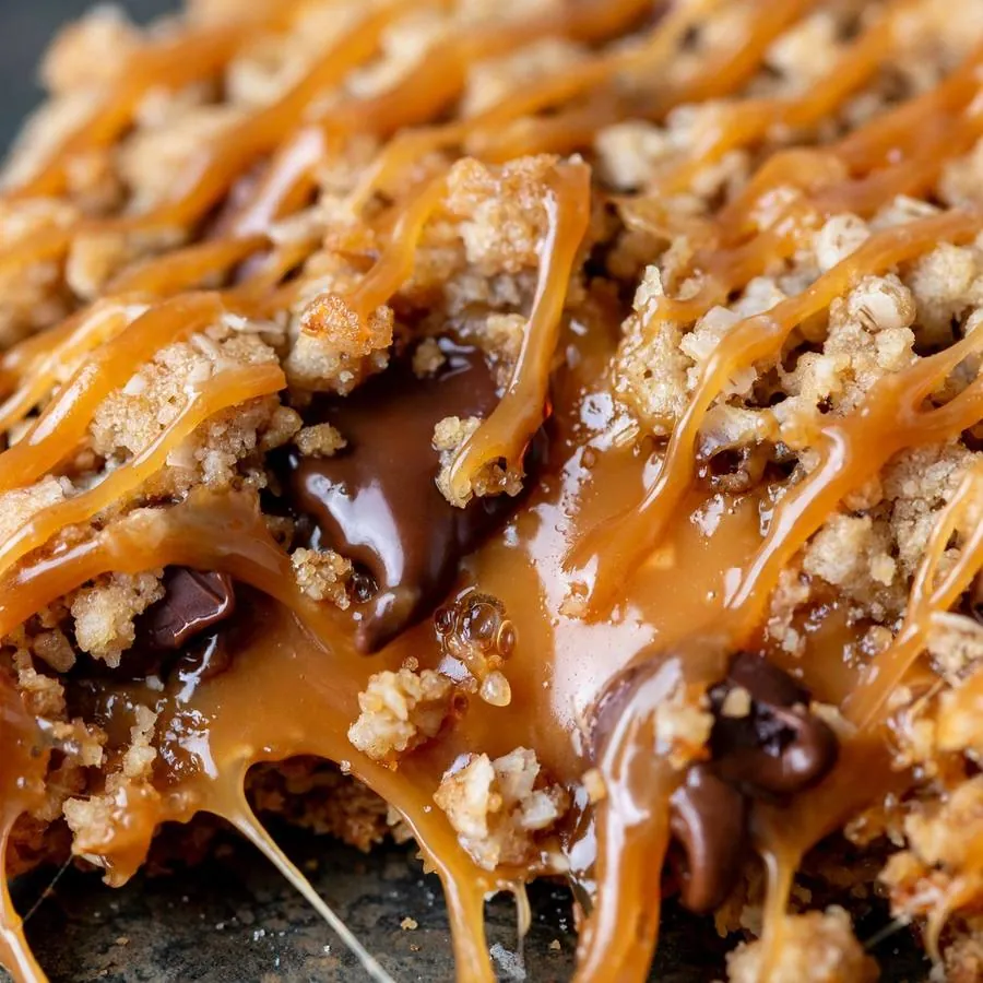 Extreme close-up of the Carmelita Crumbl Cookie showing gooey caramel, chocolate chips and oatmeal crumb detail