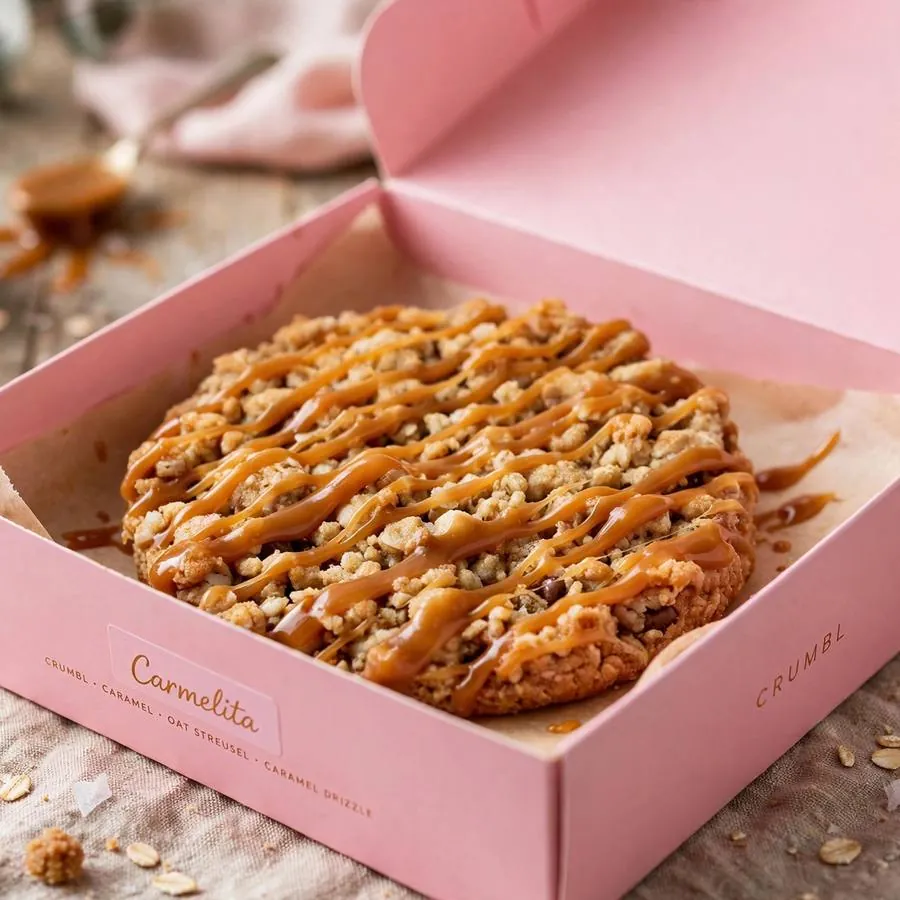 Carmelita Crumbl Cookie served in a pink bakery box