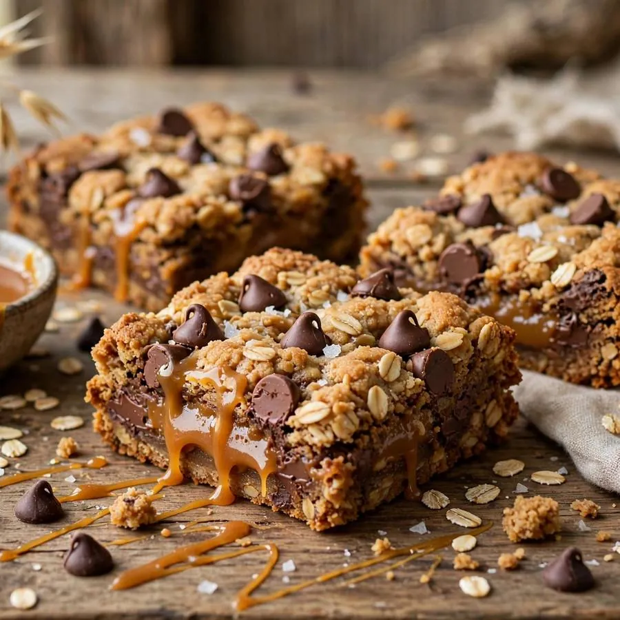 Carmelita Crumbl Cookie with caramel, chocolate chips and oats arranged on a rustic wooden table