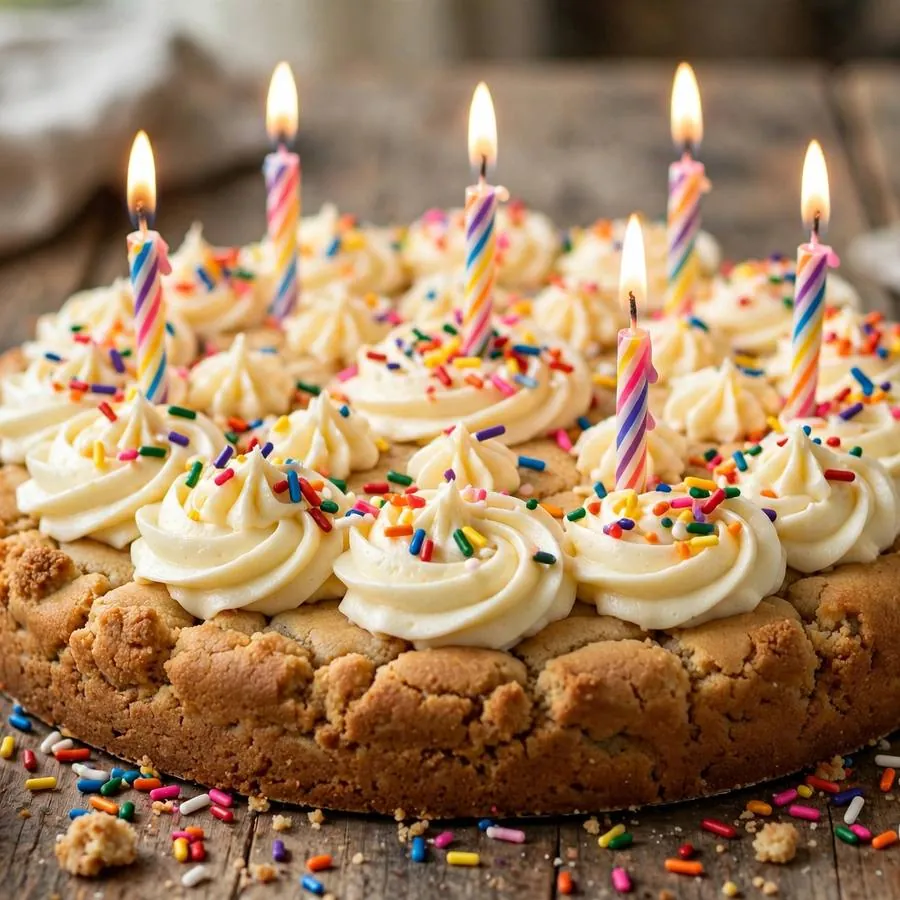Celebration Cake cookie with frosting, sprinkles and party candles on a wooden table Celebration Cake cookie with frosting, sprinkles and party candles on a wooden table