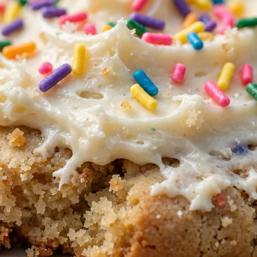 Extreme close-up of vanilla frosting swirls and rainbow sprinkles on a celebration cake cookie