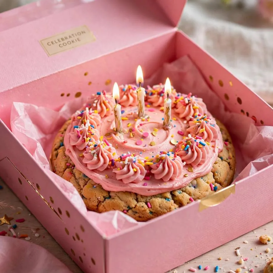 Celebration cake cookie served in a pink bakery box
