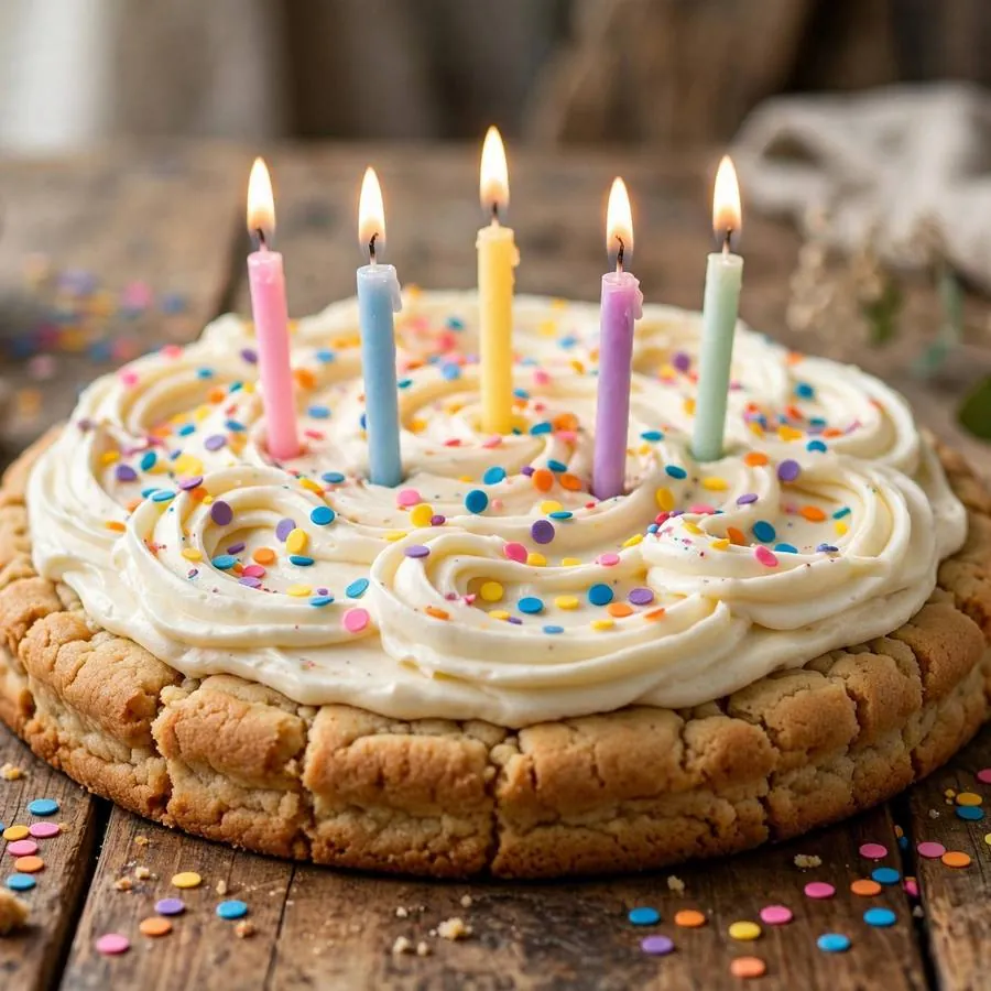 Celebration cake cookie beside birthday candles and confetti sprinkles on a wooden table