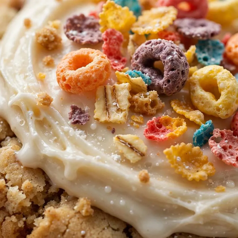 Crunchy cereal topping on Cereal Milk Crumbl Cookie
