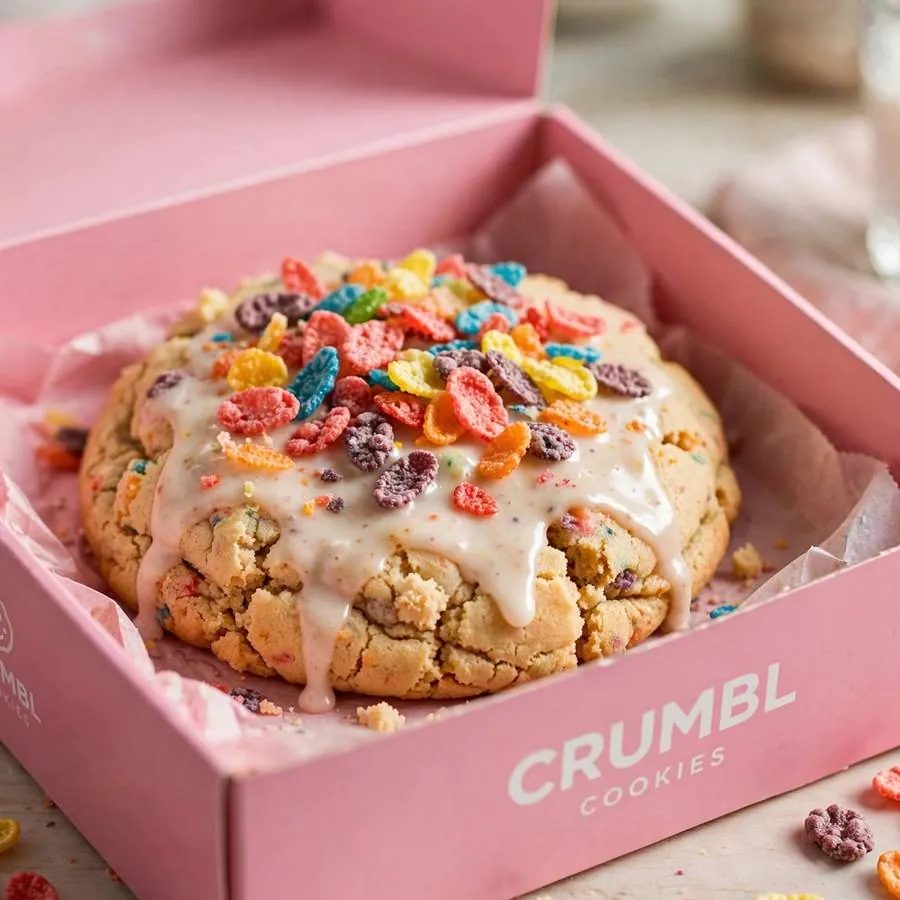 Cereal Milk Crumbl Cookie in a pink bakery box