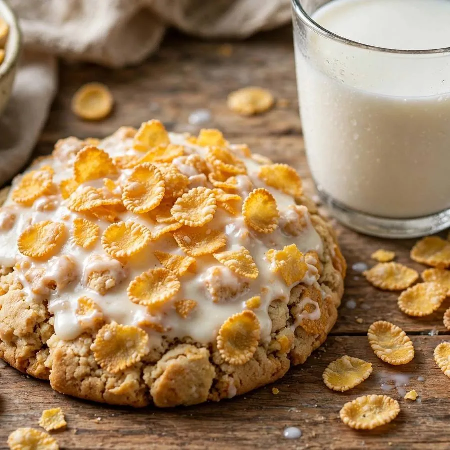 Cereal Milk Crumbl Cookie with cornflakes cereal, a glass of milk and vanilla