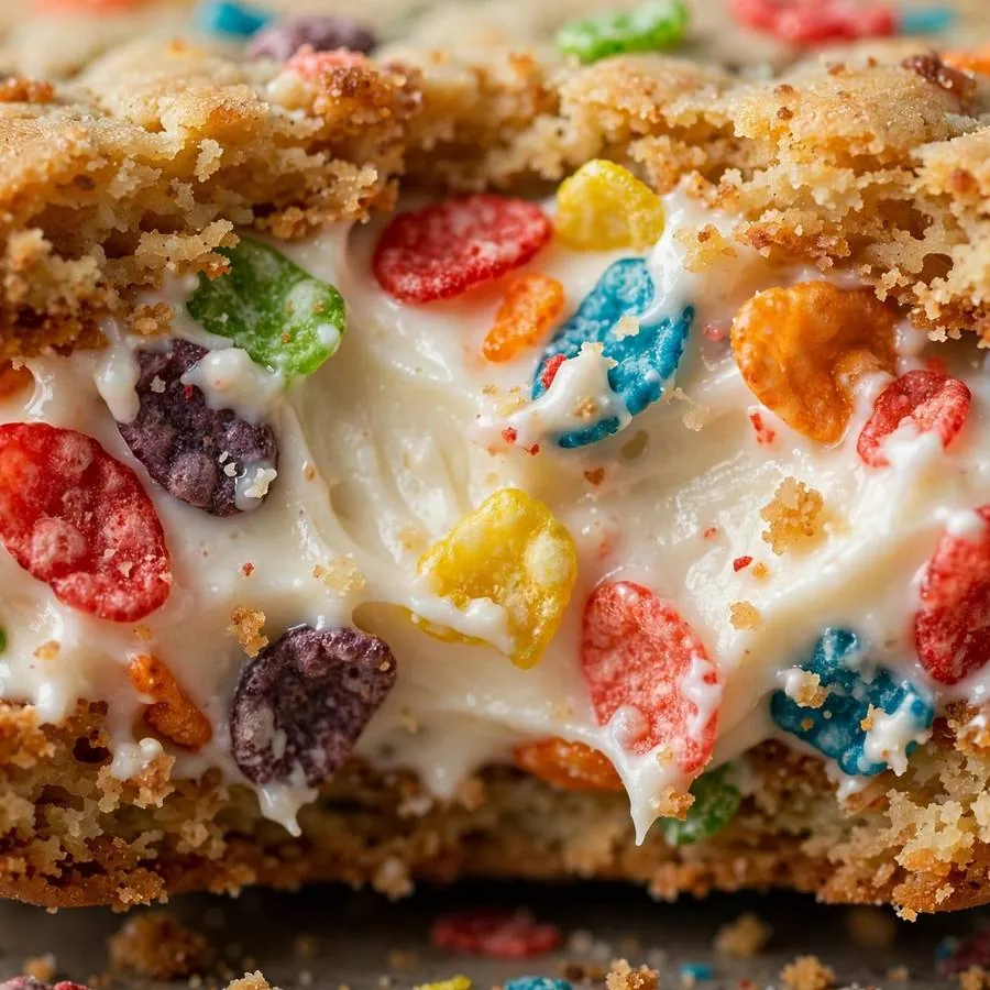 Rainbow Fruity Pebbles cereal and milk frosting filling in the sandwich cookie