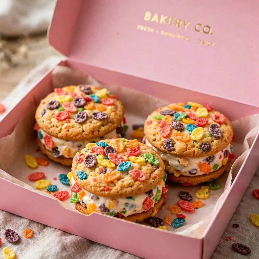 Cereal milk sandwich cookie with Fruity Pebbles in a pink Crumbl bakery box