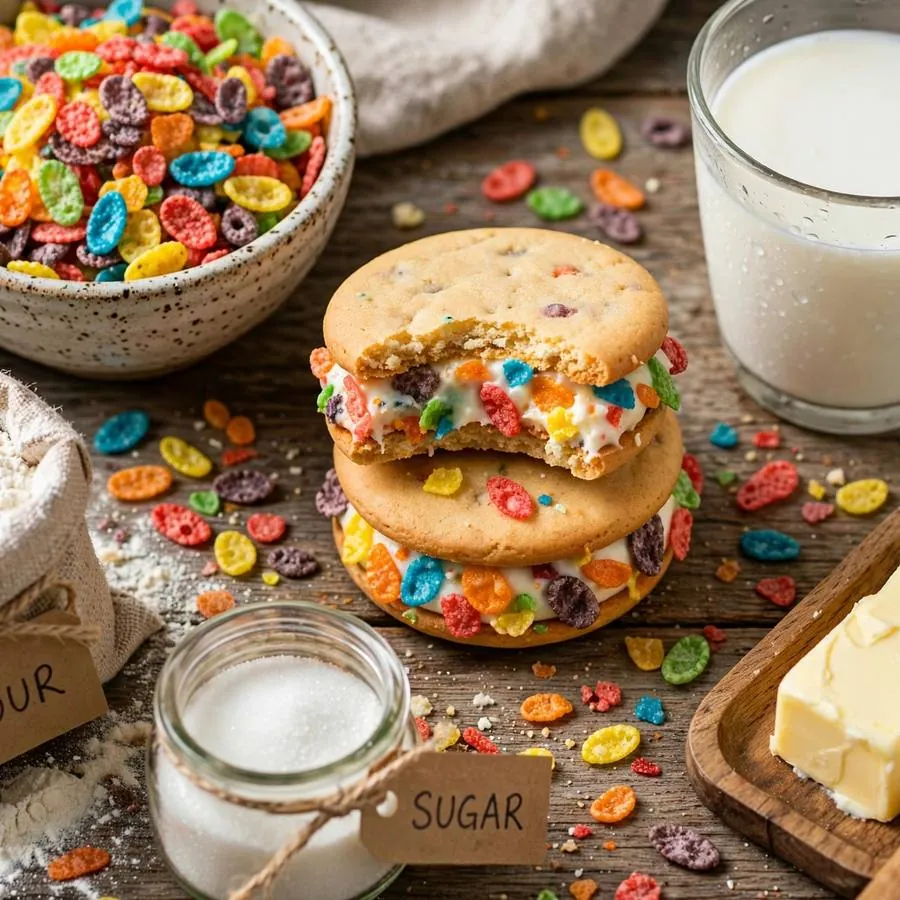 Cereal milk sandwich cookie with a bowl of Fruity Pebbles, milk and baking ingredients on a wooden table