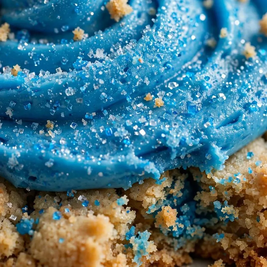 Extreme close-up of the Cerulean Blue Sugar Crumbl Cookie showing blue-tinted sugar frosting with sparkle detail
